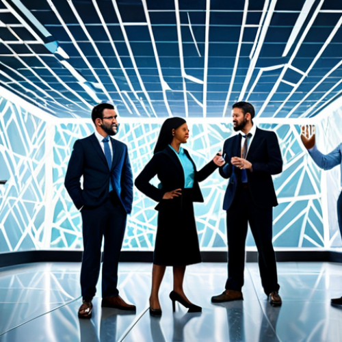 Home 4 A diverse group of modern business professionals, men and women, fully clothed in professional, modest business attire. They are in a dynamic, abstract office environment, surrounded by glowing geometric patterns and subtle visual representations of data flow, symbolizing innovation and transformation. One professional is reaching forward, breaking through a translucent, symbolic barrier, illustrating the breaking of old paradigms. The scene is captured with professional studio lighting, high resolution, perfect anatomy, correct proportions, natural pose, well-formed hands, proper finger count, natural body proportions, safe for work, appropriate content, family-friendly.