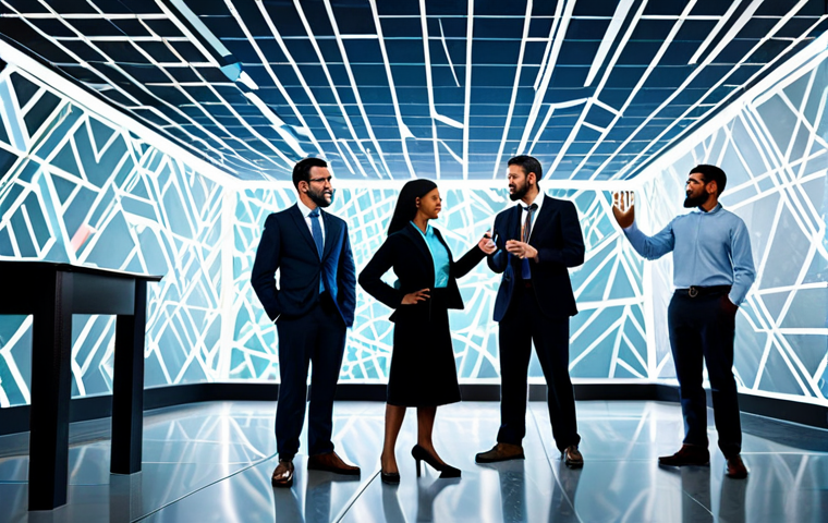 A diverse group of modern business professionals, men and women, fully clothed in professional, modest business attire. They are in a dynamic, abstract office environment, surrounded by glowing geometric patterns and subtle visual representations of data flow, symbolizing innovation and transformation. One professional is reaching forward, breaking through a translucent, symbolic barrier, illustrating the breaking of old paradigms. The scene is captured with professional studio lighting, high resolution, perfect anatomy, correct proportions, natural pose, well-formed hands, proper finger count, natural body proportions, safe for work, appropriate content, family-friendly.