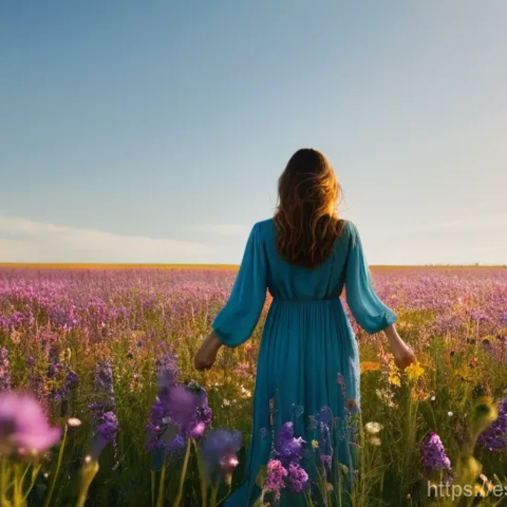 고정관념을 극복하기 위한 자기 반성 - **Prompt:** A person, seen from the back, stands at the edge of a vibrant, sunlit field, facing a cl...