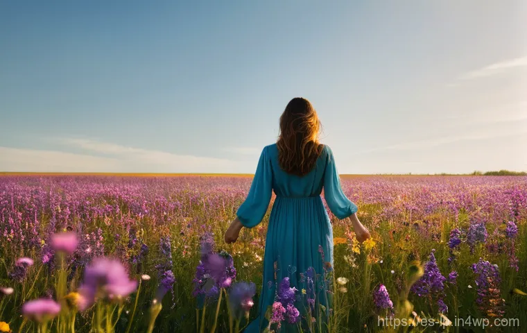 고정관념을 극복하기 위한 자기 반성 - **Prompt:** A person, seen from the back, stands at the edge of a vibrant, sunlit field, facing a cl...