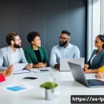 Home 18 고정관념 없는 표현을 위한 멘토링 - A diverse group of professionals in a modern office setting engaged in active listening during a mee...